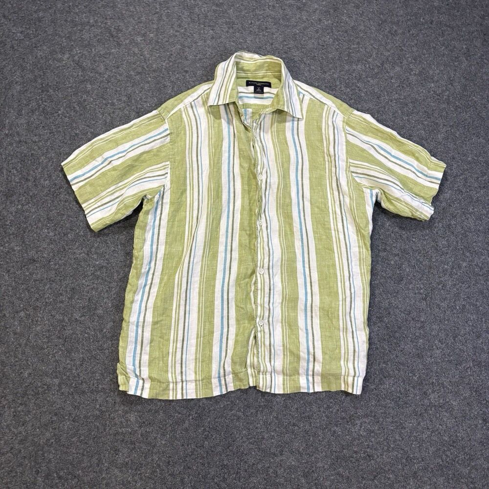 Banana Republic Shirt Mens Small 100% Linen Short Sleeve Green Striped